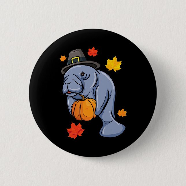 Erntedank Manatee Pilgrim Fall Pumpkin Dugong Button (Vorderseite)