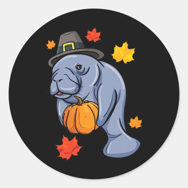 Erntedank Manatee Pilgrim Fall Pumpkin Dugong Runder Aufkleber (Vorderseite)