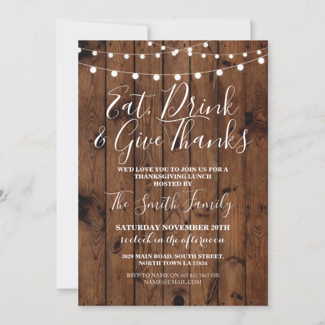 Erntedank-Mittagessen-hölzerne rustikale Lichter Einladung (Vorderseite)