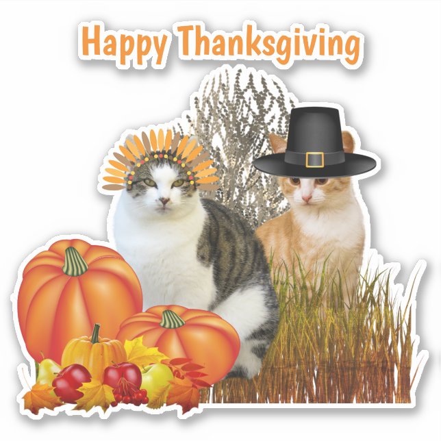 Erntedank Niedlich Pilgrim Cats Vinyl Cutout Aufkleber (Vorderseite)