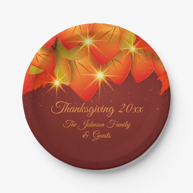 Erntedank Orange Blätter Name Jahr 7" P Pappteller (Vorderseite)