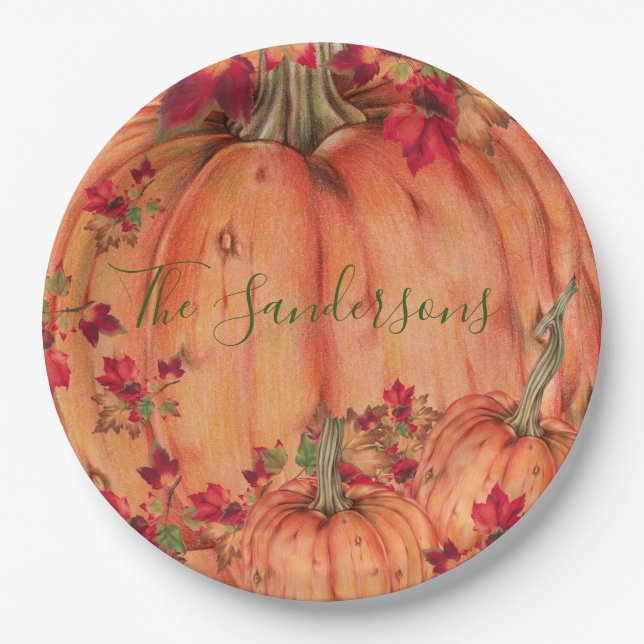 Erntedank Orange Pumpkins Herbstlaub Pappteller (Vorderseite)
