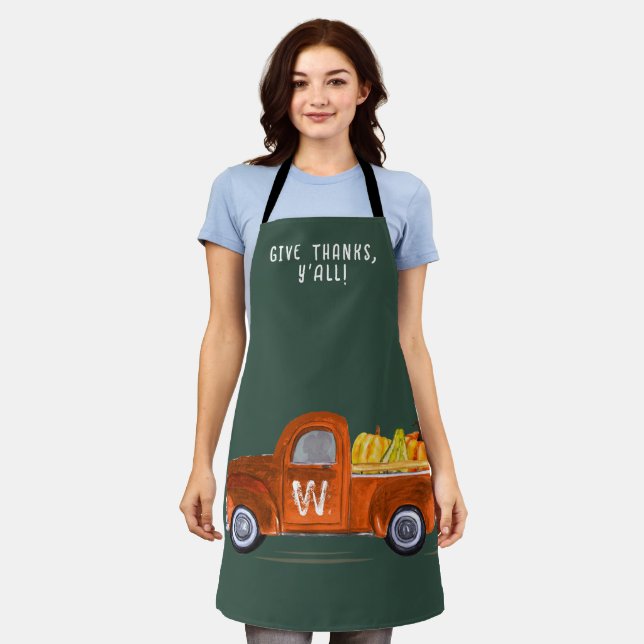 Erntedank Orange Pumpkins Truck Fun Monogram Schürze (Getragen)