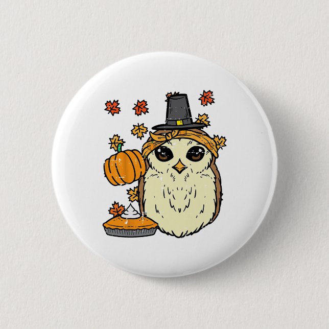 Erntedank Owl Pilgris Niedlich Herbst Herbst Fraue Button (Vorderseite)