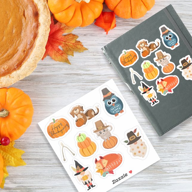 Erntedank Pack 2 mit 9 Designs- Aufkleber (Cute Thanksgiving Fall Animals, Pumpkins & Holiday Sticker)