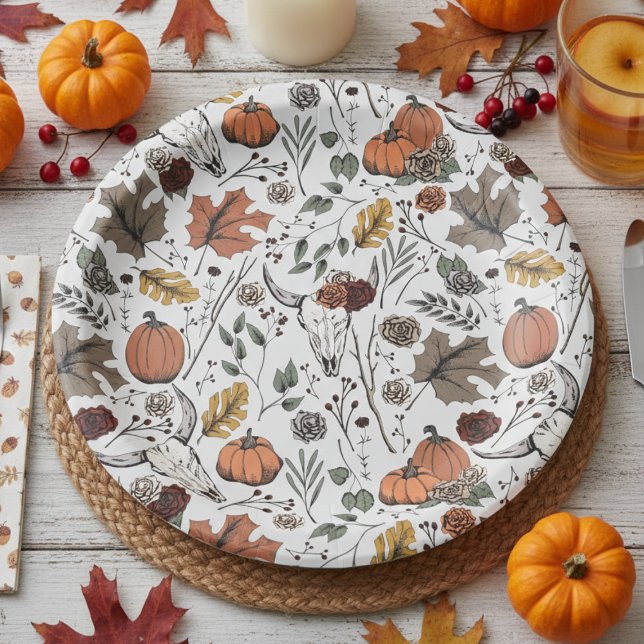 Erntedank Pattern Kuh Skull Fall Harvest Pappteller (Chic Rustic Floral Cow Skull Pattern Autumn Paper Plates. Country Western & Slightly Gothic Style)