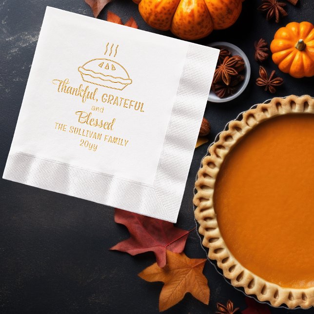 Erntedank Pie Dankbarkeit dankbar gesegnete Famili Servietten Mit Folie (Thanksgiving Pie "Thankful, Grateful and Blessed" Family Name and Year Stamped Foil Napkins)