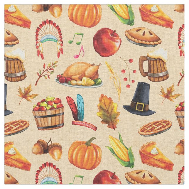 Erntedank Pie Turkey Pumpkin Pattern Stoff (Nahaufnahme)
