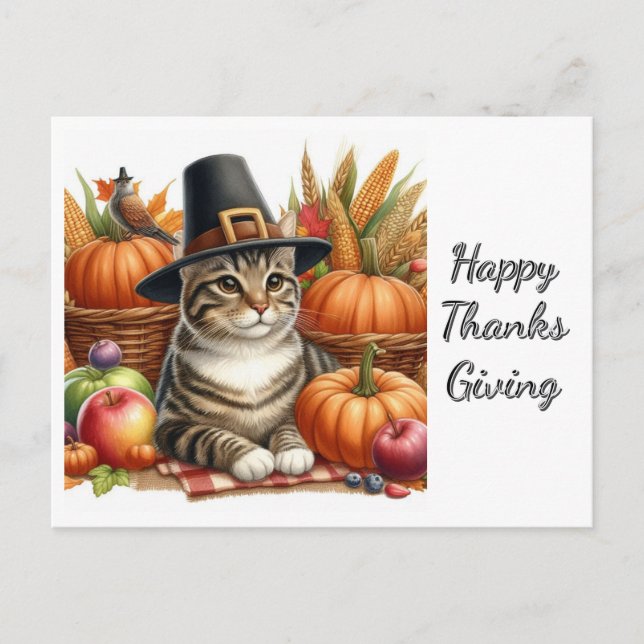 Erntedank Pilgrim Cat und Pumpkins Postkarte (Vorderseite)