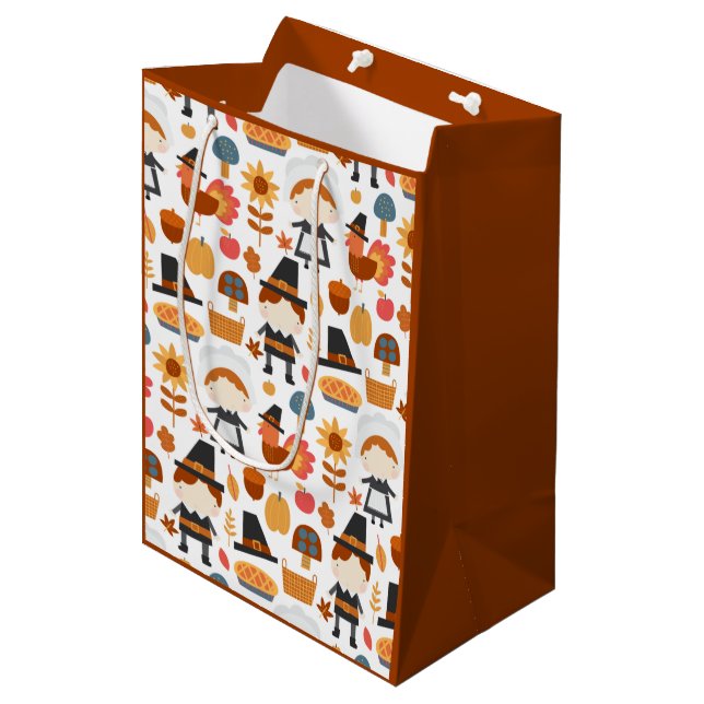 Erntedank Pilgrims ernten Muster Mittlere Geschenktüte (Vorderseite Schrägansicht)