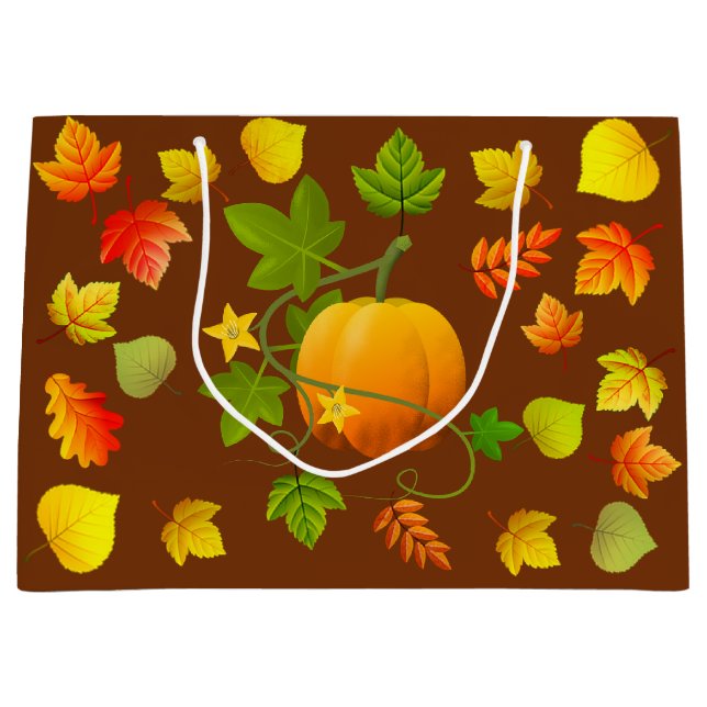 Erntedank Pumpkin & Autumn Leaves on Brown Große Geschenktüte (Vorderseite)