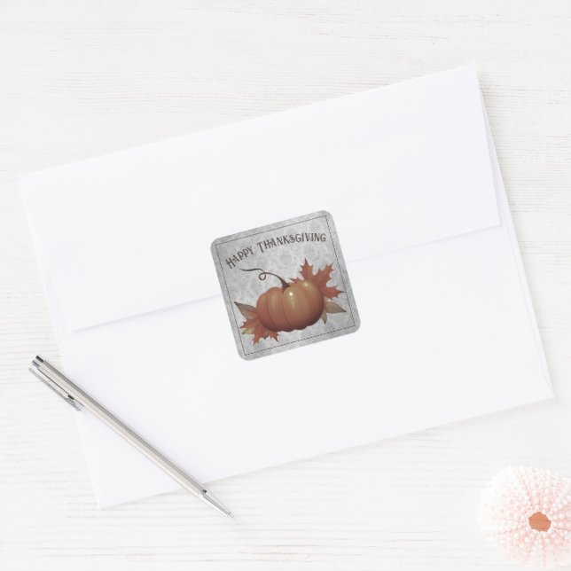 Erntedank Pumpkin Damask | Grau Quadratischer Aufkleber (Umschlag)