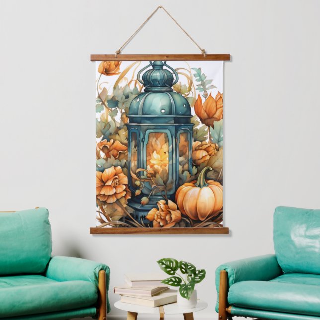 Erntedank Pumpkin Lantern Harvest Wandteppich Mit Holzrahmen (Wohnzimmer)
