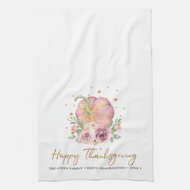 Erntedank Pumpkin Pink Familienname Geschirrtuch (Vertikal)