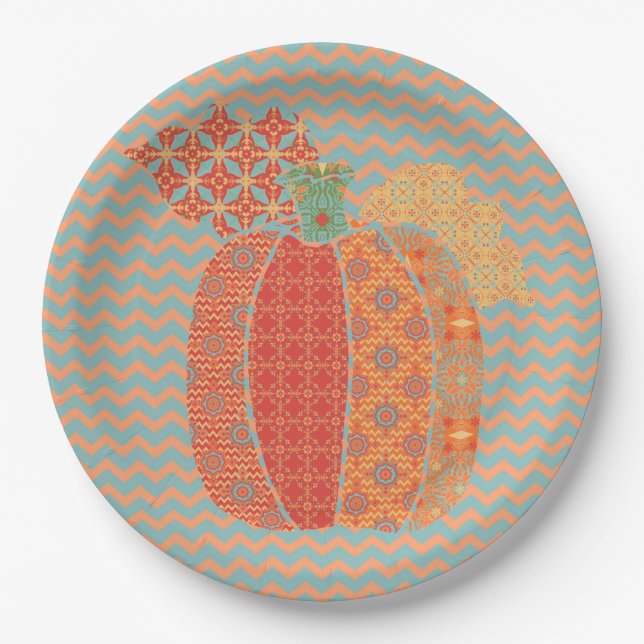 Erntedank Pumpkin und Chevrons, Paper Tellers 9" Pappteller (Vorderseite)