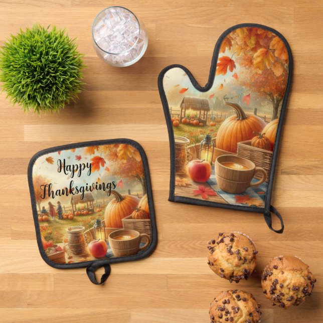 Erntedank Pumpkins Herbstleaves Ofenhandschuh & Topflappen-Set (Oben Unten)