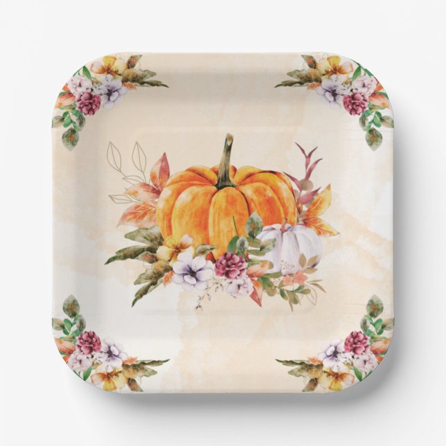 Erntedank Pumpkins und Blume Pappteller (Vorderseite)