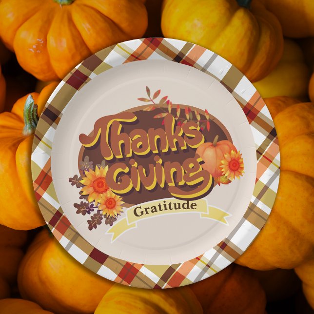 Erntedank Retro Kariert Pappteller (Attractive traditional retro thanksgiving party plate.)