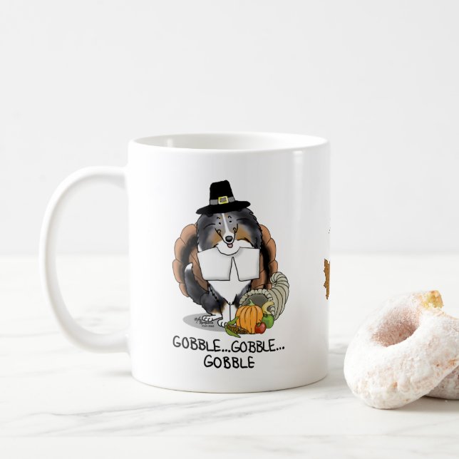 Erntedank Shetland Sheepdog (blauer Merle) Funny Kaffeetasse (Mit Donut)