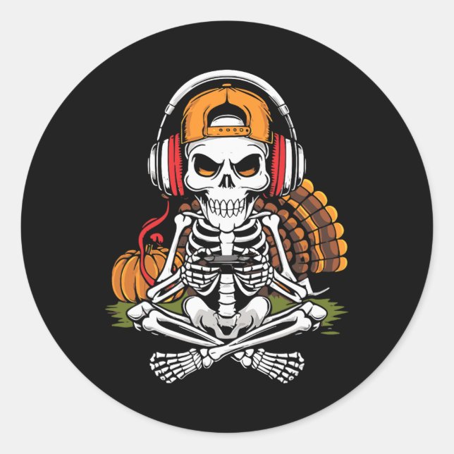Erntedank Skeleton Gamer Gaming Boys Männer Runder Aufkleber (Vorderseite)