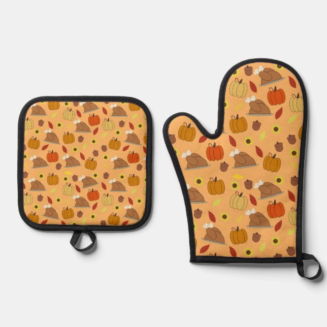 Erntedank Sticker Muster Ofenhandschuh & Topflappen-Set (Vorderseite)
