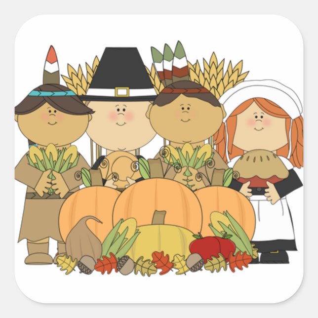 Erntedank-STICKER "SWEET CARTOON PILGRIM" Quadratischer Aufkleber (Vorderseite)