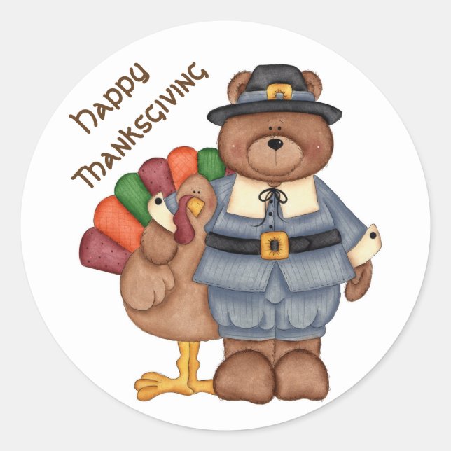 Erntedank Stickers/Pilgerbär und Türkei Runder Aufkleber (Vorderseite)