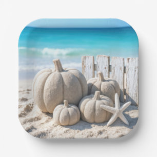 Erntedank-Strand Sand-Kürbisse und Seestern Pappteller