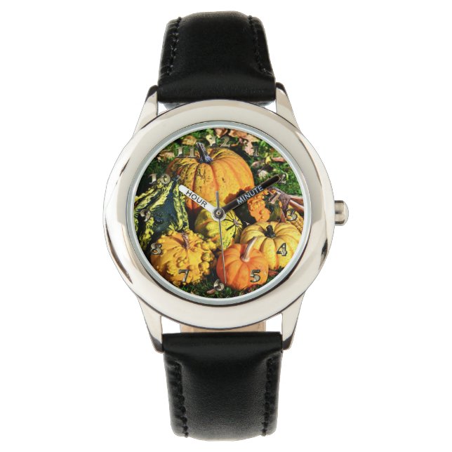 Erntedank-Szene mit Pumpkins-Corn-Gourds Armbanduhr (Vorderseite)
