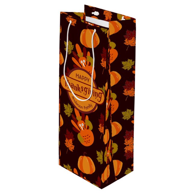 Erntedank Türkei Herbstleaves Pumpkin Geschenktüte Für Weinflaschen (Vorderseite Schrägansicht)