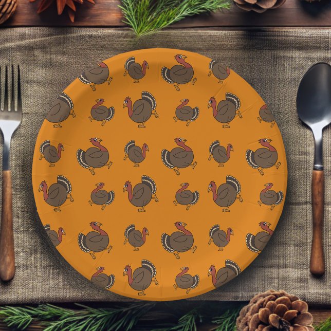 Erntedank Türkei Muster Niedlich Orange Pappteller (Fun turkey pattern paper plate perfect for Thanksgiving)
