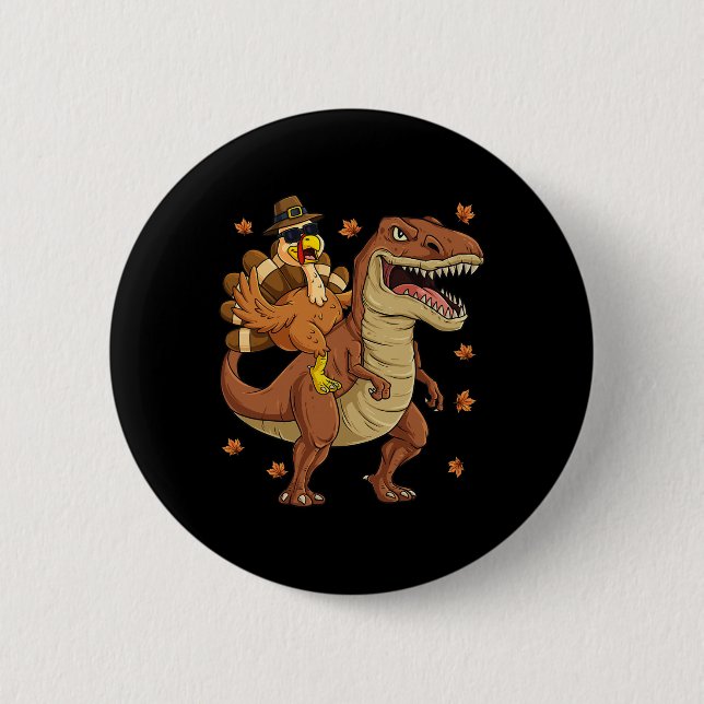 Erntedank Türkei Riding T Rex Dinosaur Kleinkind Button (Vorderseite)