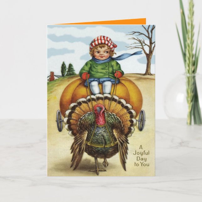 Erntedank Turkey Boy Riding Pumpkin Feiertagskarte (Vorderseite)