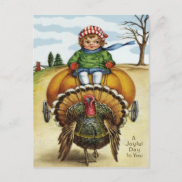Erntedank Turkey Boy Riding Pumpkin Feiertagspostkarte