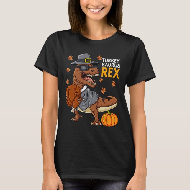 Erntedank Turkey Saurus T Rex Pilgrim Dinosaurier T-Shirt (Vorderseite)