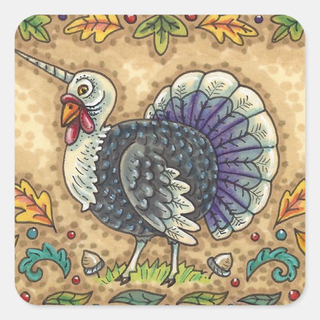 ERNTEDANK TÜRKEY UNICORN, WHIMSICAL FANTASY QUADRATISCHER AUFKLEBER (Vorderseite)