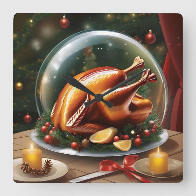Erntedank- und Weihnachtstruthahn unter Glaskuppel Quadratische Wanduhr (Vorderseite)