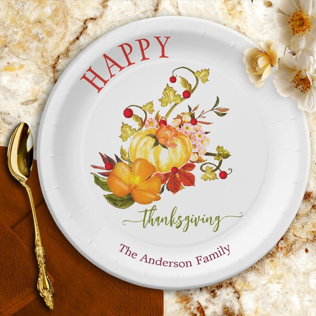 Erntedank von Aquarellblumen Pappteller (Thanksgiving paper plate showing a watercolor design with flowers and a pumpkin in warm fall colors)