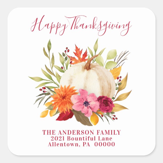 ERNTEDANK WATERCOLOR FLORAL PUMPKIN ADRESSE QUADRATISCHER AUFKLEBER (Vorderseite)