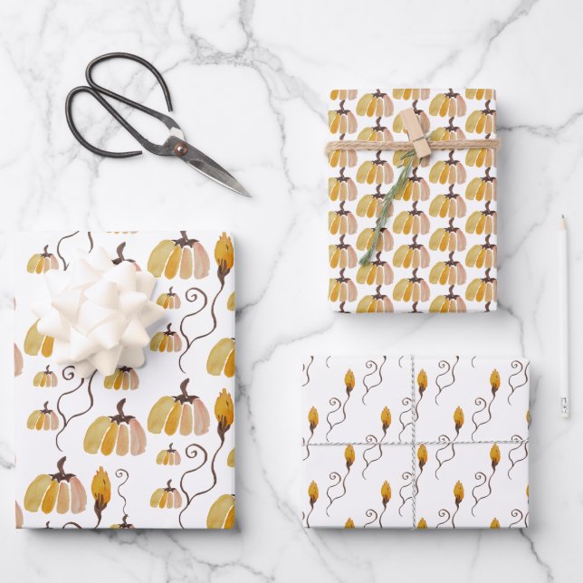Erntedank Watercolor Pumpkins Geschenkpapier Set (Vorderseite)