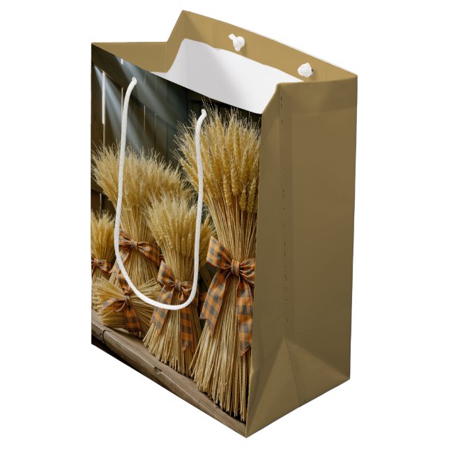 Erntedank Weizenbündel mit Kariertem Band Mittlere Geschenktüte (Vorderseite Schrägansicht)