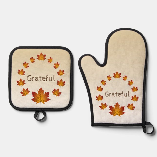 Erntedank Wreath Grateful Simple Maple Blätter Ofenhandschuh & Topflappen-Set (Vorderseite)