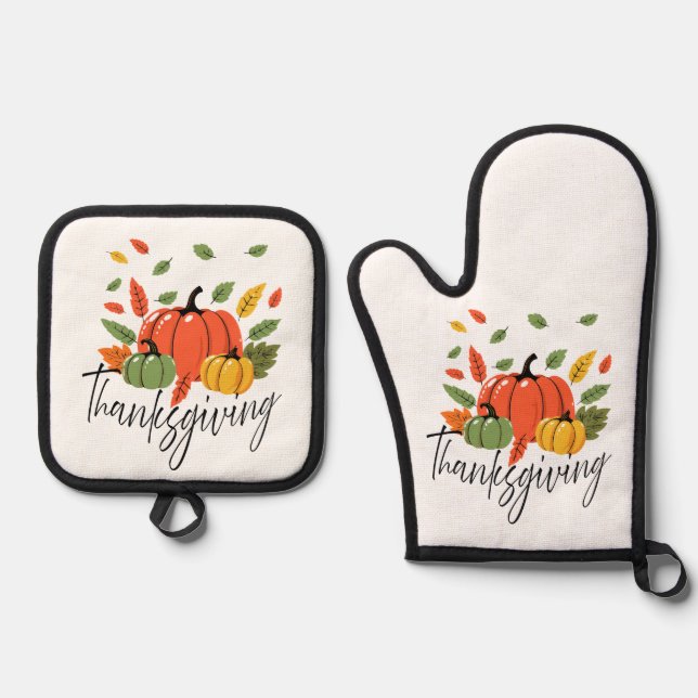 Erntedankblätter und Kürbis in Herbstfarben Ofenhandschuh & Topflappen-Set (Vorderseite)