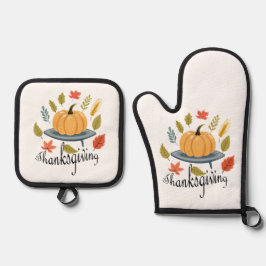 Erntedankblätter und Kürbis in Herbstfarben Ofenhandschuh & Topflappen-Set