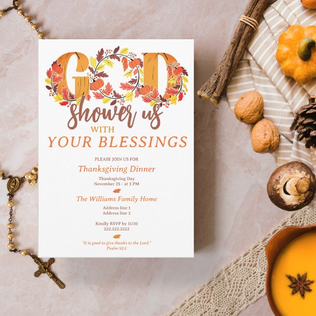 Erntedankfest Dinner Glaube Bibel Zitat Einladung (Religious Thanksgiving Dinner Faith Bible Quote Invitation Prayer Shower Your Blessings)