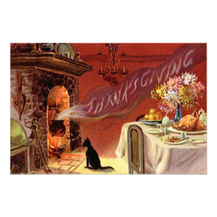 Erntedankfest Dinner Schwarze Katze Kamin Truthahn Fotodruck
