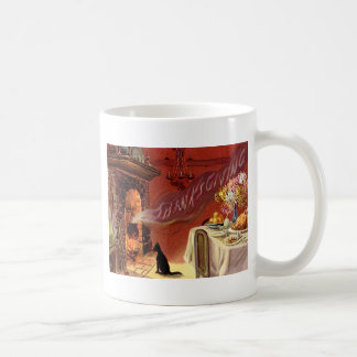 Erntedankfest Dinner Schwarze Katze Kamin Truthahn Kaffeetasse