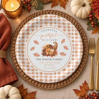 Erntedankfest Gingham Grateful Thanksgiving Pappteller