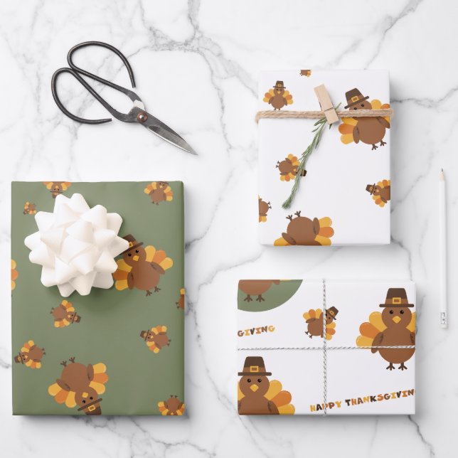 Erntedankfest Herbst Grüner Truthahn Geschenkpapier Set (Vorderseite)