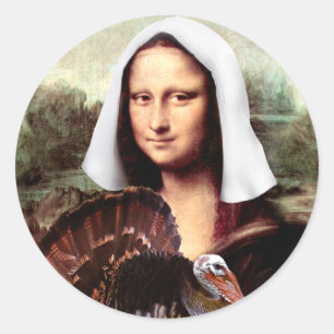 Erntedankfest-Mona-Lisa-Pilgerin mit Truthahn Runder Aufkleber